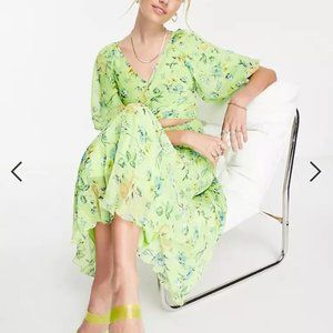 ASOS DESIGN wrap around pleated midi dress in green based floral